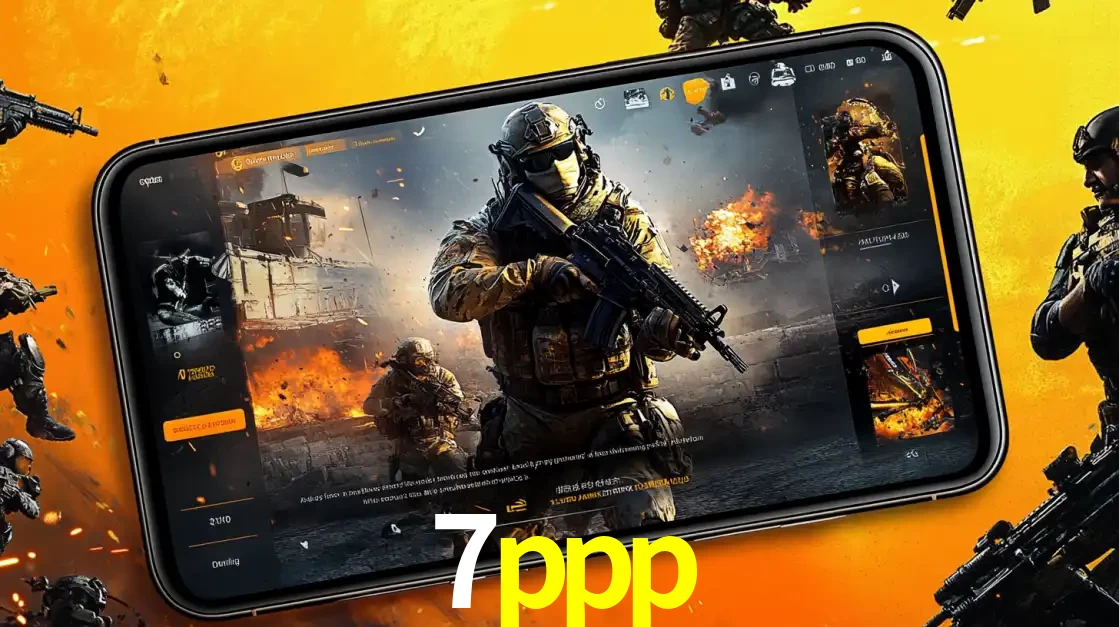 Um smartphone exibindo a interface de um jogo de tiro em primeira pessoa, com um soldado em um cenário de batalha, representando a ação dos e-sports para apostar no 7ppp.