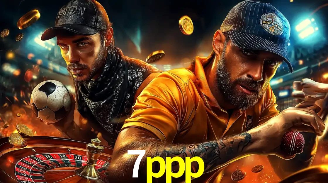 Montagem de apostas esportivas e cassino no 7ppp, com um homem segurando uma bola de futebol e outro uma de beisebol sobre uma roleta e moedas voadoras.